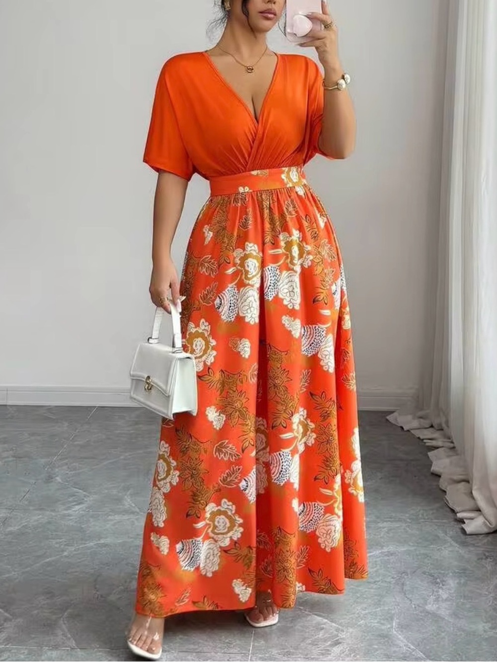 Elegant Orange Floral Maxi Dress with V-Neck